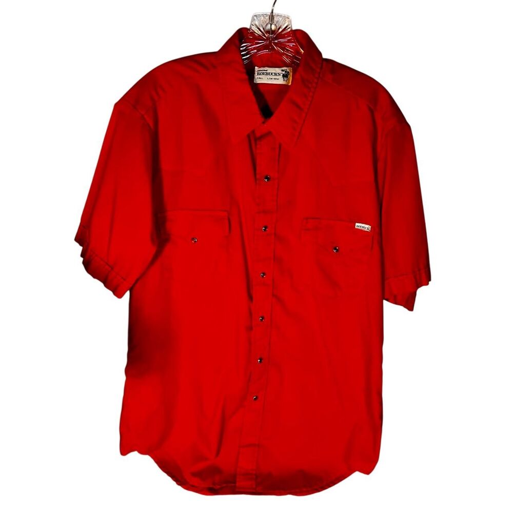 Rare Find Vintage Roebucks Red Snap Front Short Sleeve Western Cowboy Shirt LT
